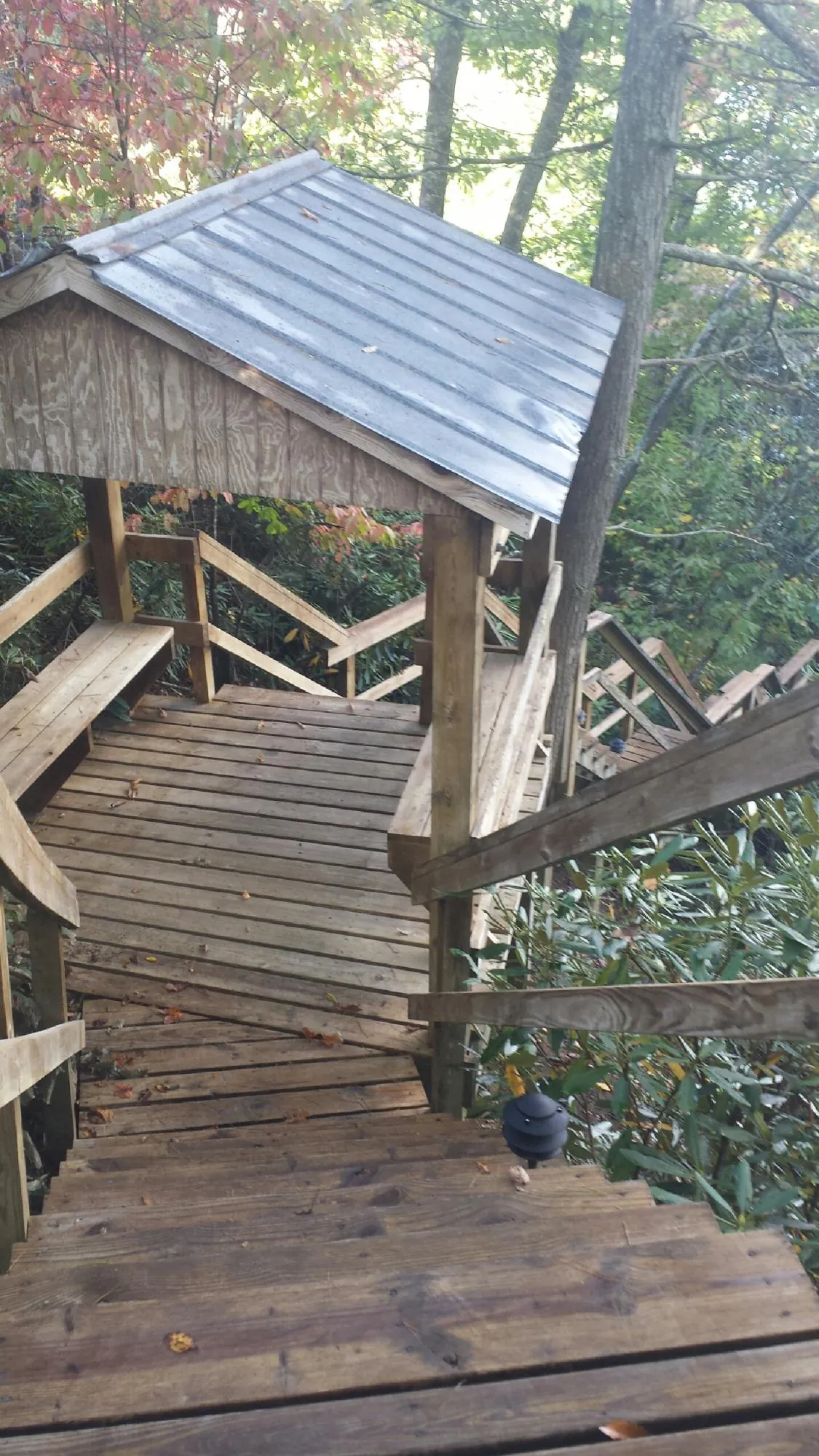 Metal roofed shelter over wooden steps on a wooded walkway — Skylight Repair & Installation work by our crew in Highwood